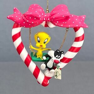 VTG Warner Bros Tweety Sylvester Heart Candy Cane Ornament Looney Tune Christmas